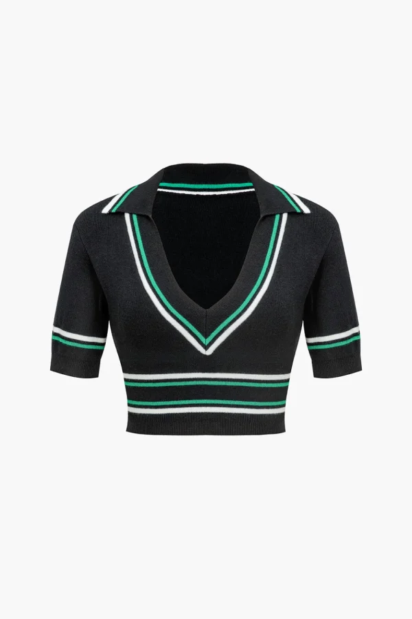 Knit Color Block V-neck Short-Sleeve Top>MICAS Hot