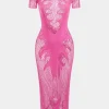 Knit Cut Out Sheer Short Sleeve Dress>MICAS Fashion