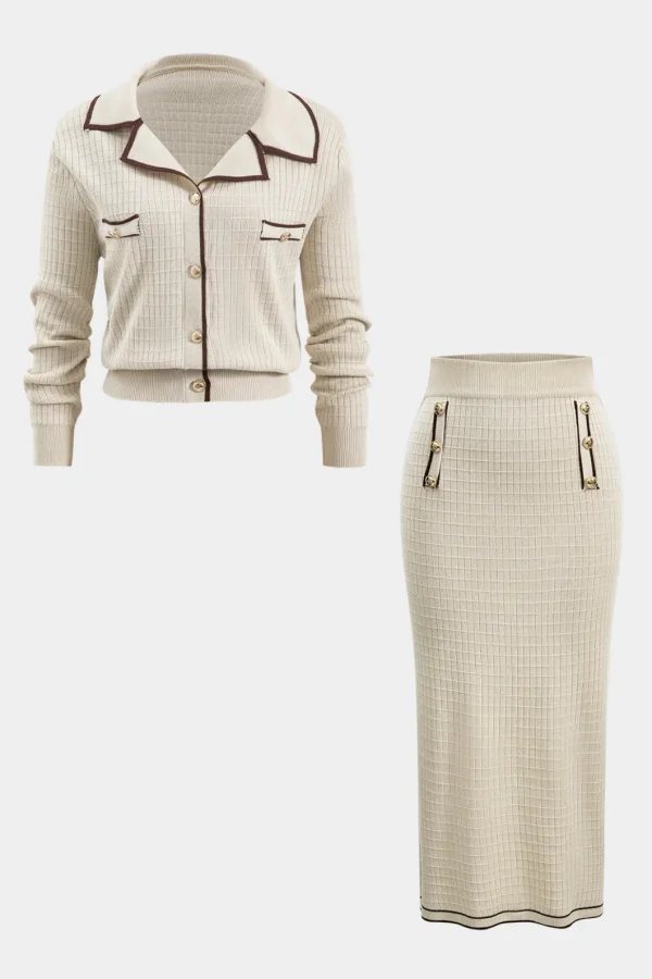 Knit Metallic Button Fake Pocket Long-Sleeve Top And Skirt Set>MICAS New