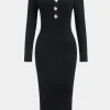 Knit Metallic Button Long Sleeve Dress>MICAS Sale