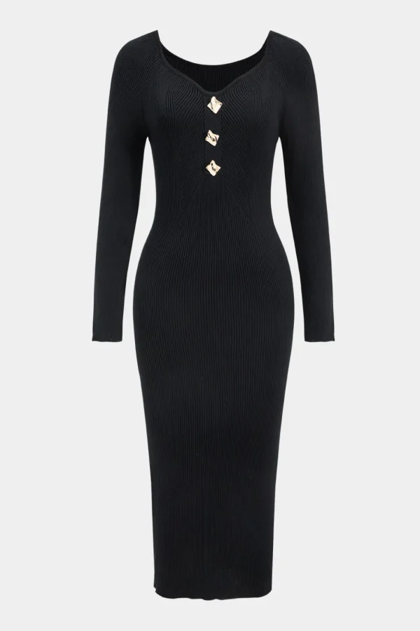 Knit Metallic Button Long Sleeve Dress>MICAS Sale
