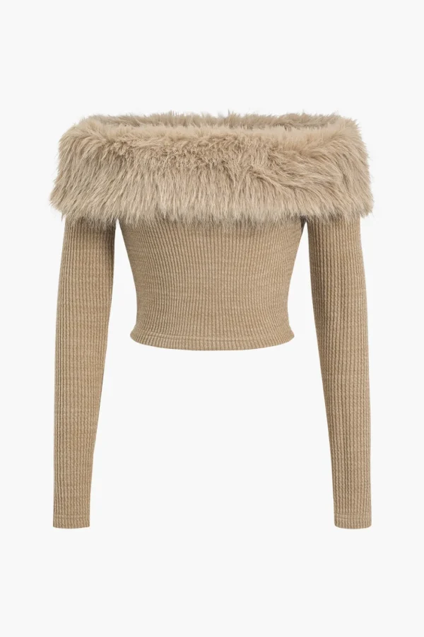 Knit Off Shoulder Patchwork Faux Fur Long-Sleeve Top>MICAS Clearance