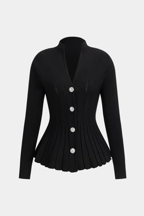 Knit Pleated Crystal Button Long-Sleeve Top>MICAS Best