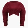 Knit Ruched Detail Long-Sleeve Cropped Top>MICAS Fashion