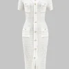 Knit V-Neck Button Short Sleeve Dress>MICAS New