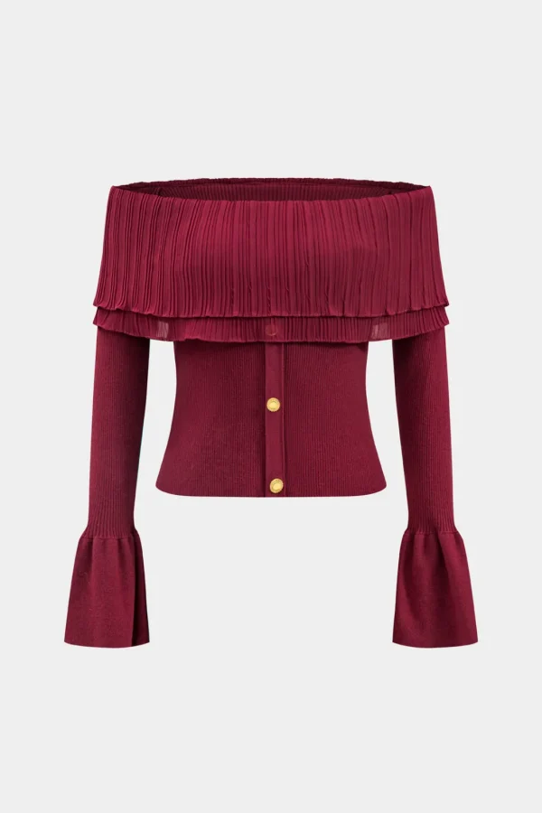Knitted Off Shoulder Patchwork Bell Sleeve Top>MICAS Hot
