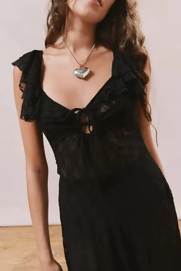 Lace Asymmetrical Tie-Up Midi Dress>MICAS Online