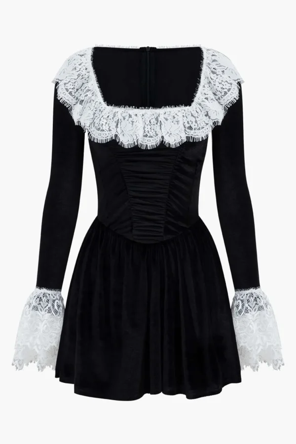 Lace Patchwork Velvet Long Sleeve Mini Dress>MICAS Discount