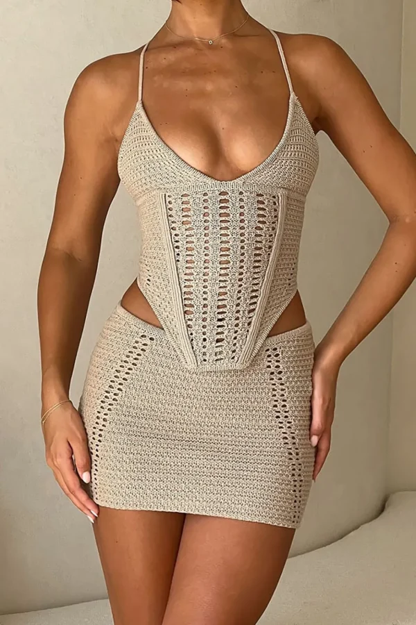 Lace Up Crisscross Knit Crop Top And Mini Skirt Set>MICAS Discount