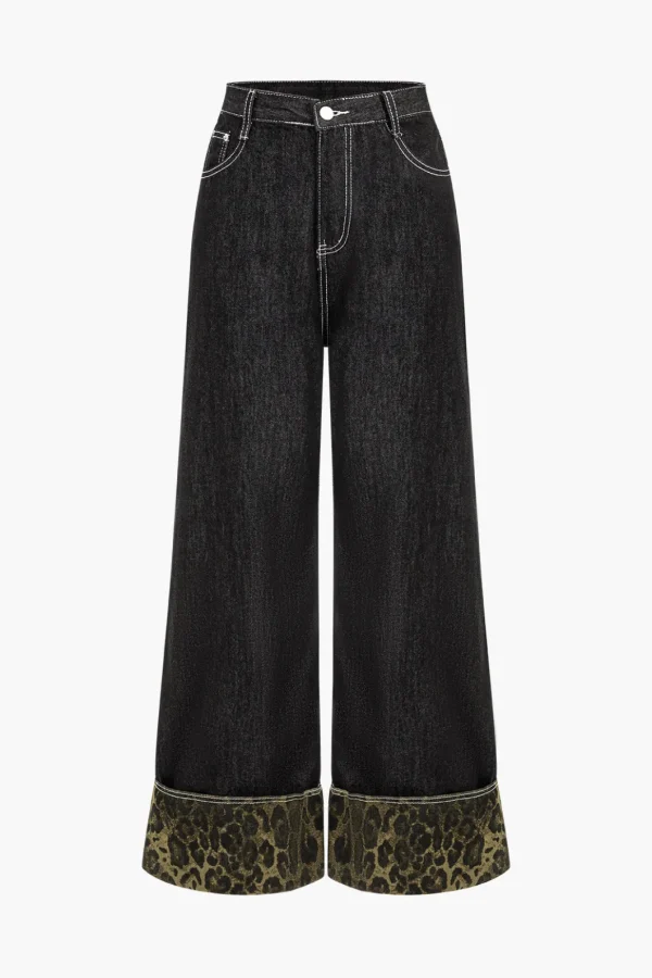 Leopard Print Denim Patchwork Straight Leg Jeans>MICAS Discount