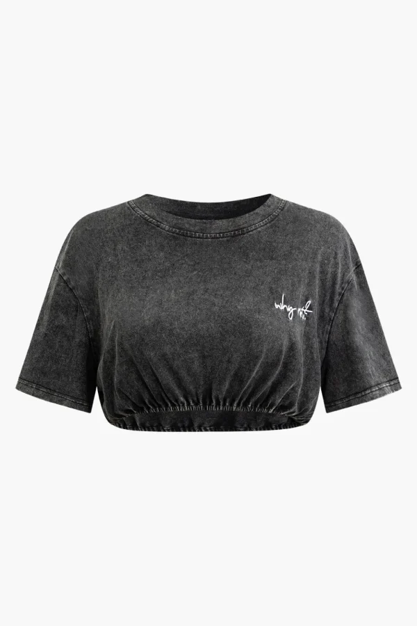 Letter Embroidery Ruched Crop T-shirt>MICAS Fashion