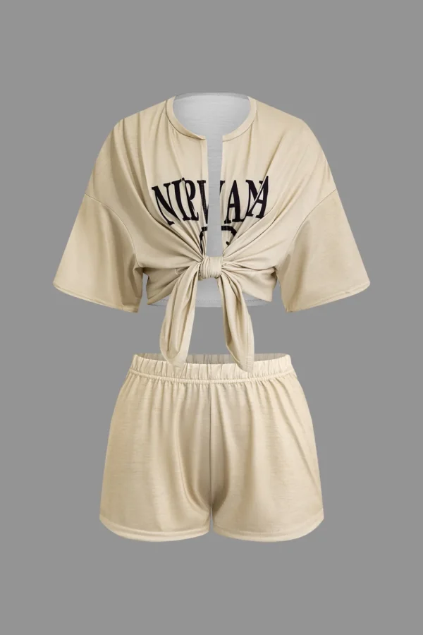Letter Print Tie Front Crop Top And Shorts Set>MICAS Clearance