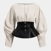 Linen Faux Leather Patchwork Long-Sleeve Shirt>MICAS Clearance