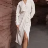 Linen Ruched Button-Up Slit Midi Shirt Dress>MICAS Best