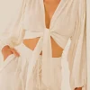 Linen V-neck Knot Ruched Crop Blouse>MICAS Hot