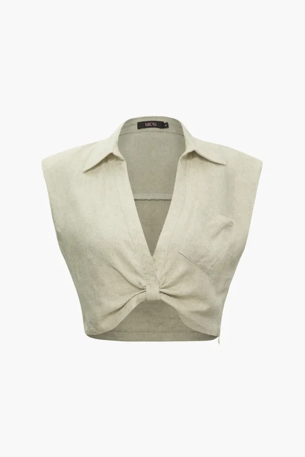 Linen V-neck Twist Hem Sleeveless Top>MICAS Fashion