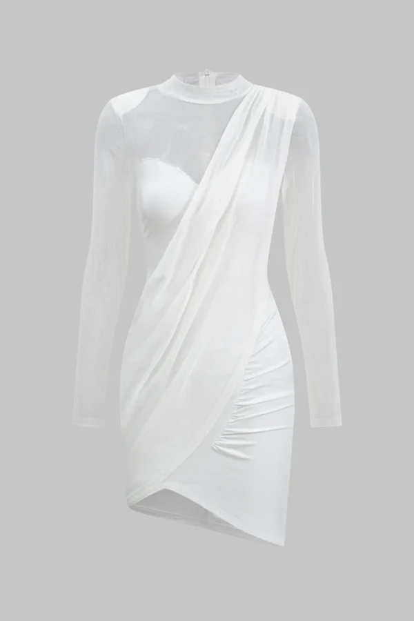 Mesh Patchwork Long Sleeve Sheer Mini Dress>MICAS Clearance