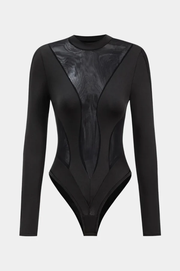Mesh Patchwork Round Neck Long Sleeve Bodysuit>MICAS Sale