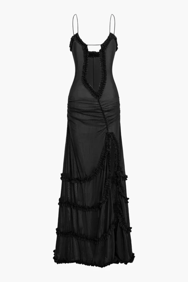 Mesh Ruched Layered Frill Slip Maxi Dress>MICAS Discount
