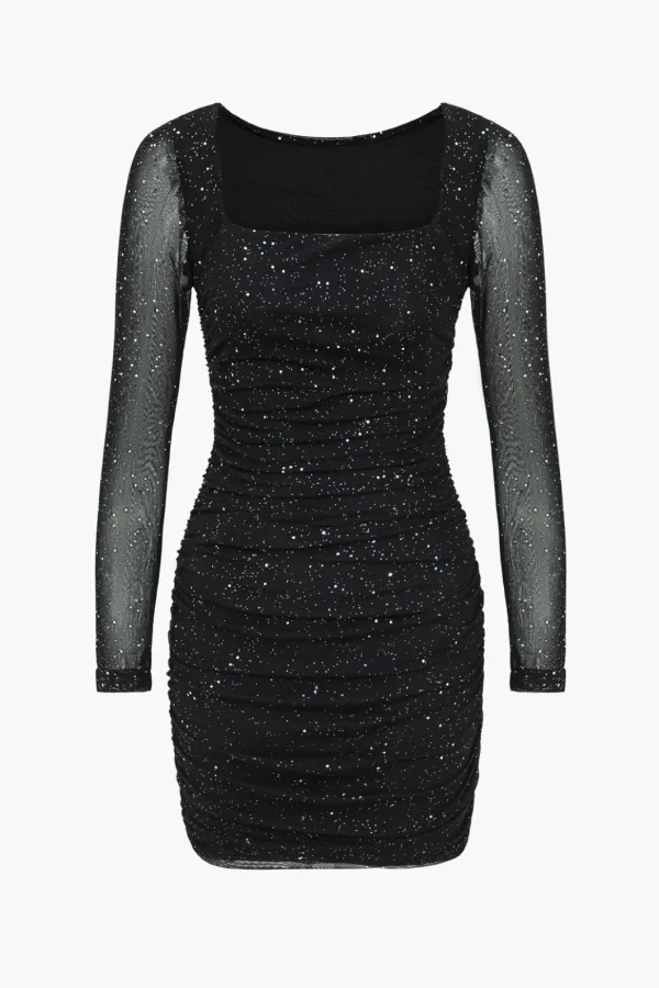 Mesh Ruched Long Sleeve Square Neck Mini Dress>MICAS New