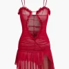 Mesh Ruched Ruffle Deep V-neck Slip Mini Dress>MICAS Clearance