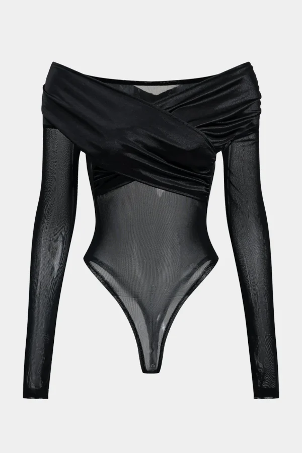 Mesh Satin Patchwork Sheer Long Sleeve Bodysuit>MICAS Fashion