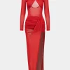 Mesh Sheer Crossed Long Sleeve Midi Dress>MICAS Sale