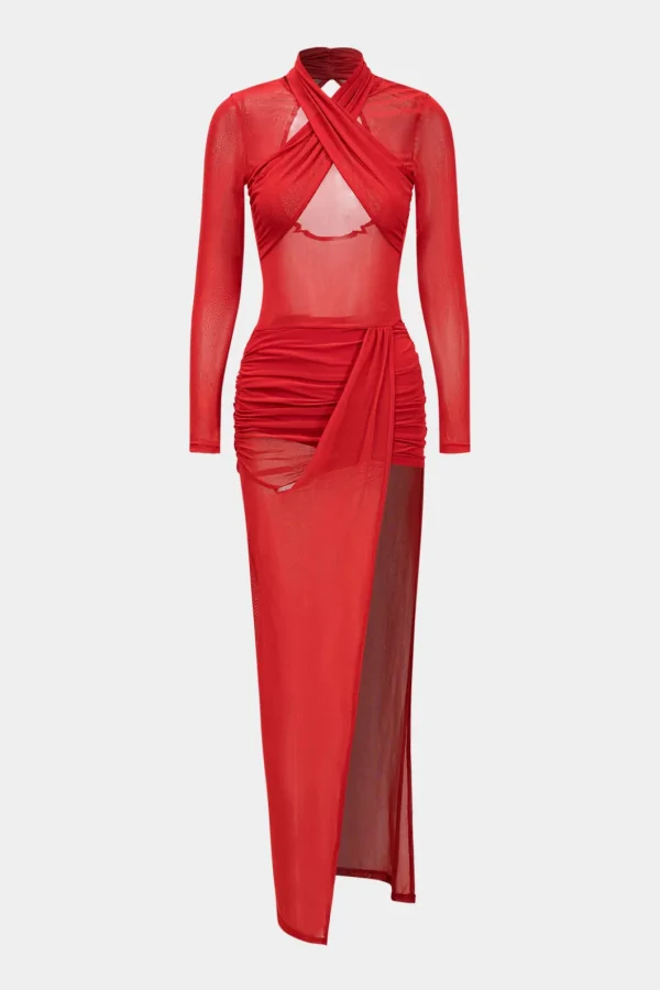 Mesh Sheer Crossed Long Sleeve Midi Dress>MICAS Sale