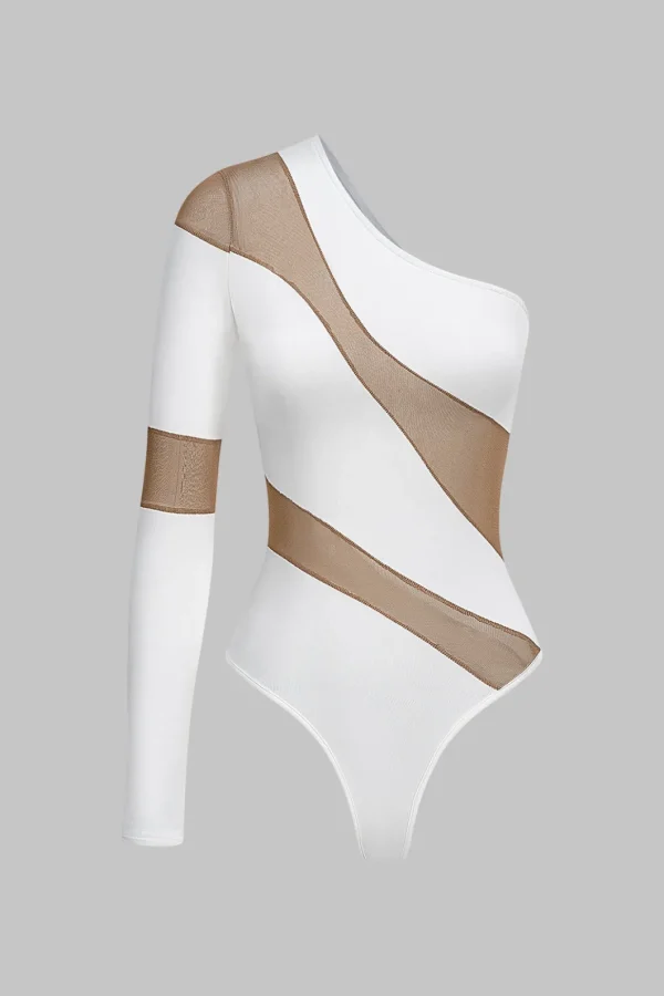 Mesh Sheer Patchwork One Shoulder Long Sleeve Bodysuit>MICAS Best