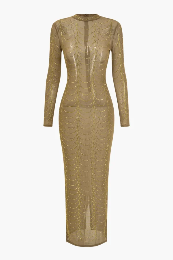 Mesh Sheer Rhinestone Maxi Dress>MICAS Fashion