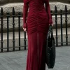 Mesh Sheer Ruched Off Shoulder Long Sleeve Maxi Dress>MICAS Fashion