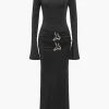 Metal Detail Ruched Long Sleeve Midi Dress>MICAS Online