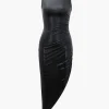 Metallic Asymmetric Hem Sleeveless Midi Dress>MICAS Hot