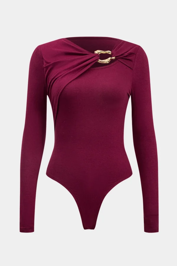 Metallic Asymmetrical Ruched Long Sleeve Bodysuit>MICAS Outlet