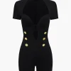 Metallic Button V-Neck Short Sleeve Romper>MICAS Sale