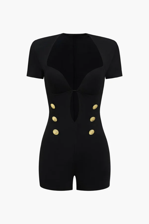 Metallic Button V-Neck Short Sleeve Romper>MICAS Sale