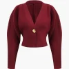 Metallic Button V-Neck Sweater Long-Sleeve Top>MICAS Online