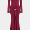 Metallic Detail Off Shoulder Long Sleeve Maxi Dress>MICAS Fashion