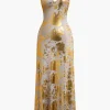 Metallic Print V-neck Backless Slip Maxi Dress>MICAS Discount