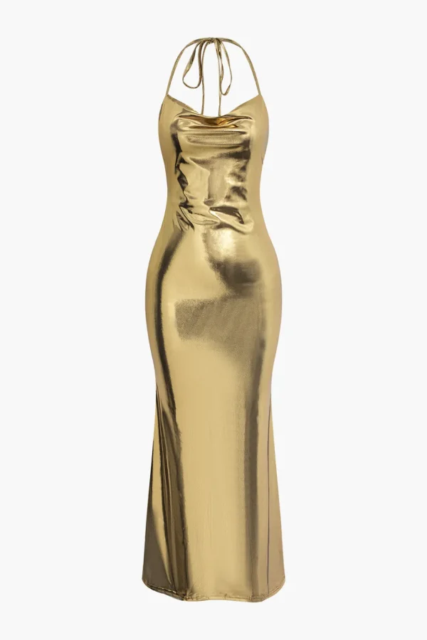 Metallic Tie Halter Cowl Neck Backless Maxi Dress>MICAS Fashion