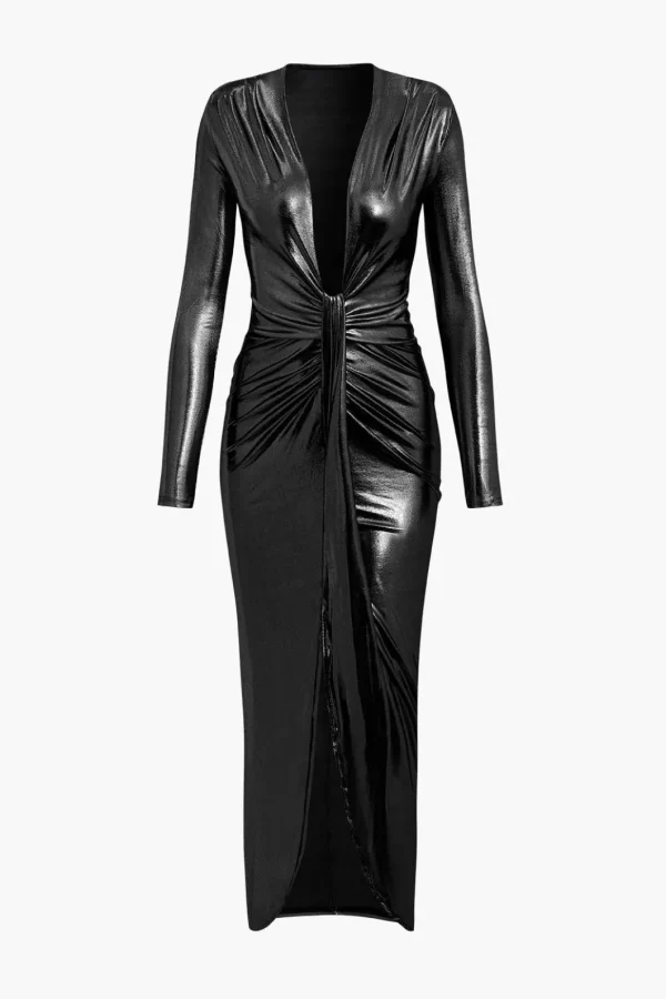 Metallic V-neck Ruched Slit Wrap Maxi Dress>MICAS Online