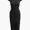 Mock Neck Knit Stripe Short Sleeve Maxi Dress>MICAS Fashion