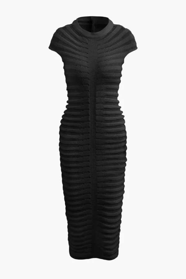 Mock Neck Knit Stripe Short Sleeve Maxi Dress>MICAS Fashion
