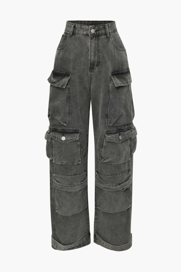 Multi Pocket Rolled Hem Wide Leg Cargo Jeans>MICAS New
