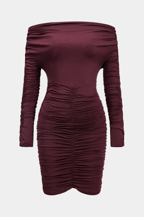 Off Shoulder Ruched Long Sleeve Mini Dress>MICAS Best