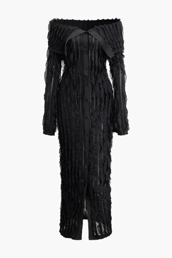 Off Shoulder Textured Button Up Slit Long Sleeve Maxi Dress>MICAS Hot