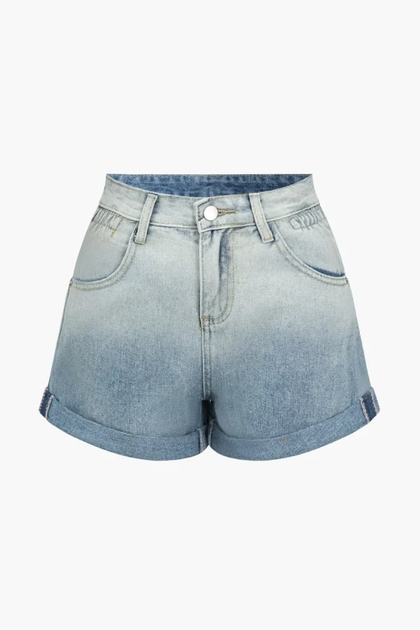 Ombre Print Button Zipper Denim Shorts>MICAS Hot