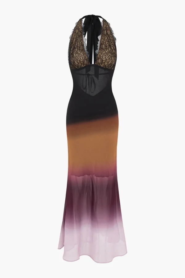 Ombre Print Mesh Backless Lace Sleeveless Maxi Dress>MICAS Online