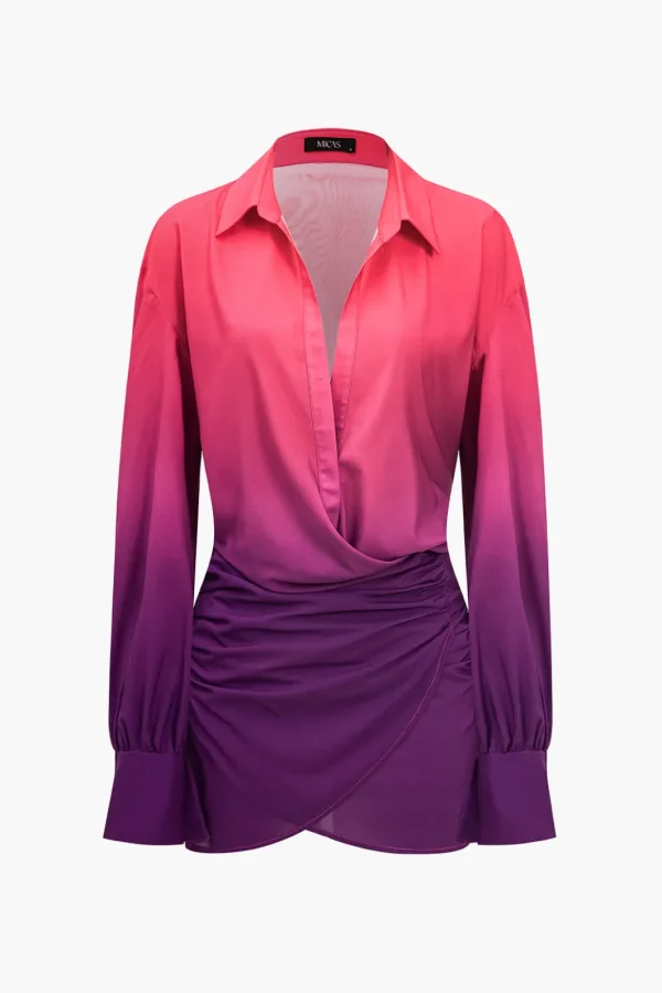 Ombre Print Ruched Button Up Mini Dress>MICAS Best