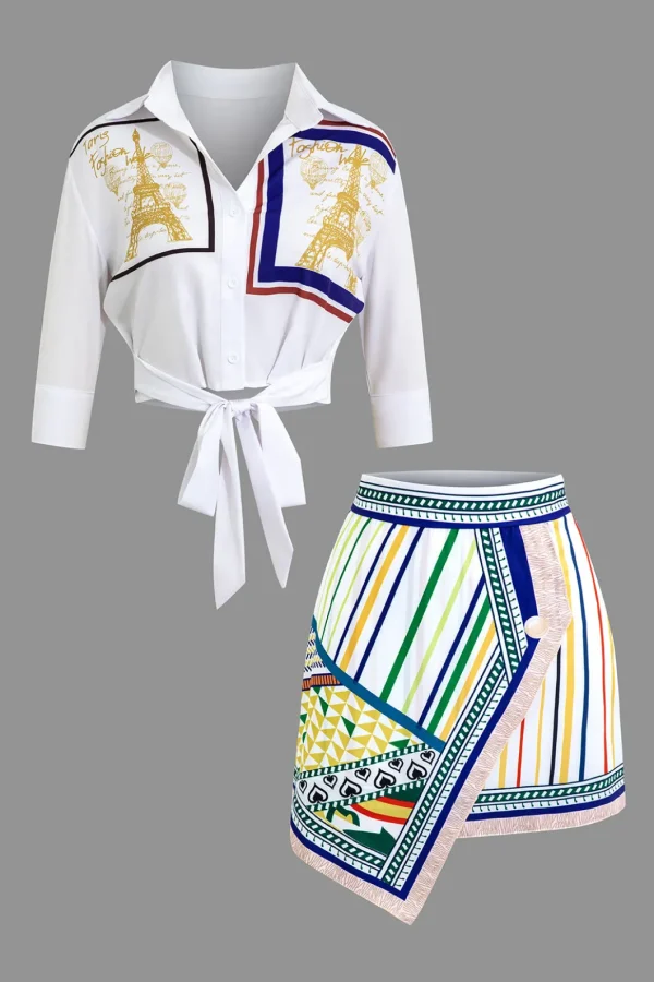 Paris Print Tie Front Crop Top And Geometric Skirt Set>MICAS Fashion